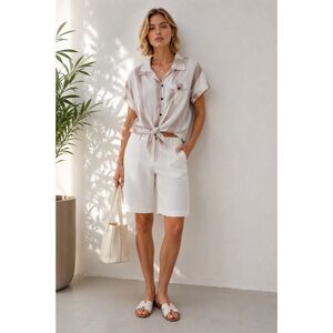 Luxury Boutique Striped Tie Front Button Shirt Top Beige White Cotton Blend Size